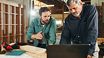Laptop, teamwork or people in woodworking factory for warehouse inventory, carpentry or furniture production. Research, carpenter or project update for timber, lumber supply or construction business