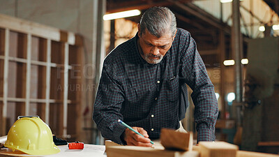 Buy stock photo Industry, woodwork and writing with carpenter man in workshop for manufacturing or production. Carpentry, construction and planning with mature contractor in factory for professional renovation