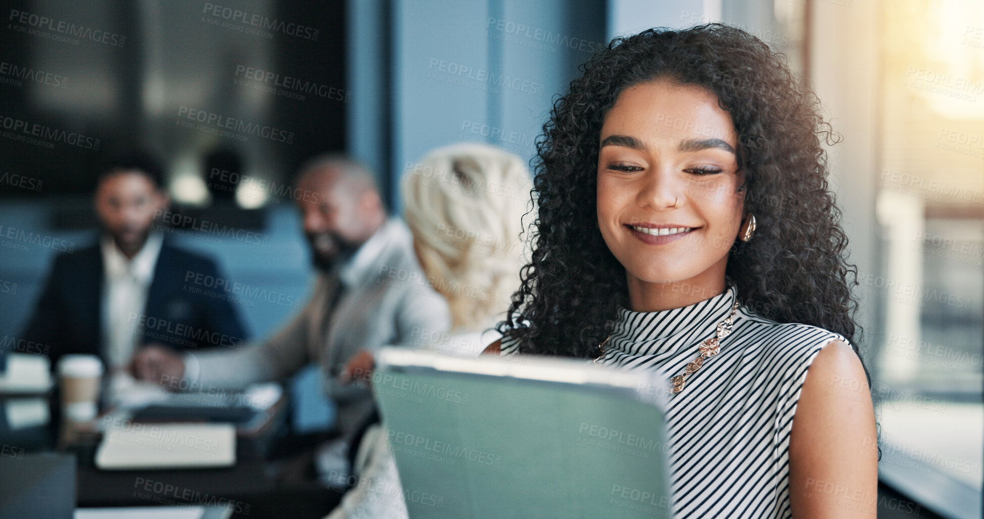 Buy stock photo Happy, business and woman on tablet in office for accounting, budget plan and financial report. Smile, female investor and digital for research, schedule update and investment feedback for meeting