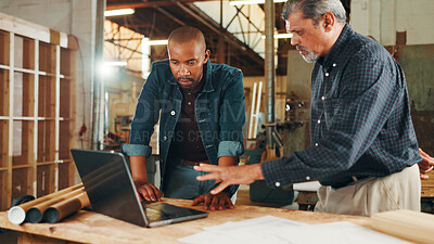 Buy stock photo Carpentry research, teamwork or men on laptop in workshop for factory, planning or furniture production. Talking, carpenter and online woodworking update for timber, lumber and construction business