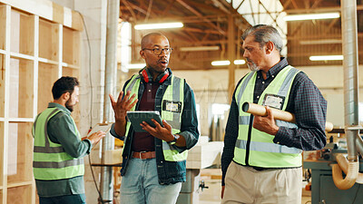 Buy stock photo Talking, production or people on tablet in workshop for factory, warehouse and furniture manufacturing. Woodworking, carpentry and men with online update for timber, lumber and construction business