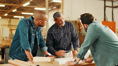 Buy stock photo Carpentry, teamwork and men in workshop for woodwork on furniture, restoration and lumber manufacturing. Construction, meeting and carpenters planning with planks, timber and board for renovation