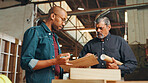 Clipboard, teamwork or people in carpentry manufacturing factory for inventory or furniture production. Woodworking, carpenter or project progress update for timber, lumber or construction business