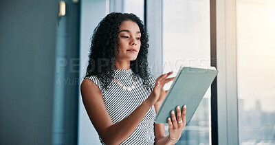 Buy stock photo Business, woman and typing on tablet in office for research, budget plan and financial report. Female person, digital and communication, schedule update and investment feedback of finance negotiation
