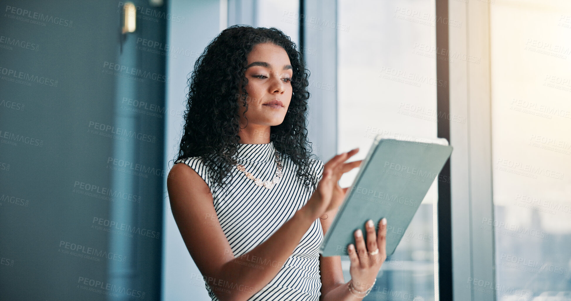 Buy stock photo Business, woman and typing on tablet in office for research, budget plan and financial report. Female person, digital and communication, schedule update and investment feedback of finance negotiation