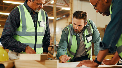 Buy stock photo Teamwork, blueprint or people in woodwork workshop for factory, drawing or manufacturing project. Carpentry, carpenter or men planning furniture design for timber, lumber or construction business