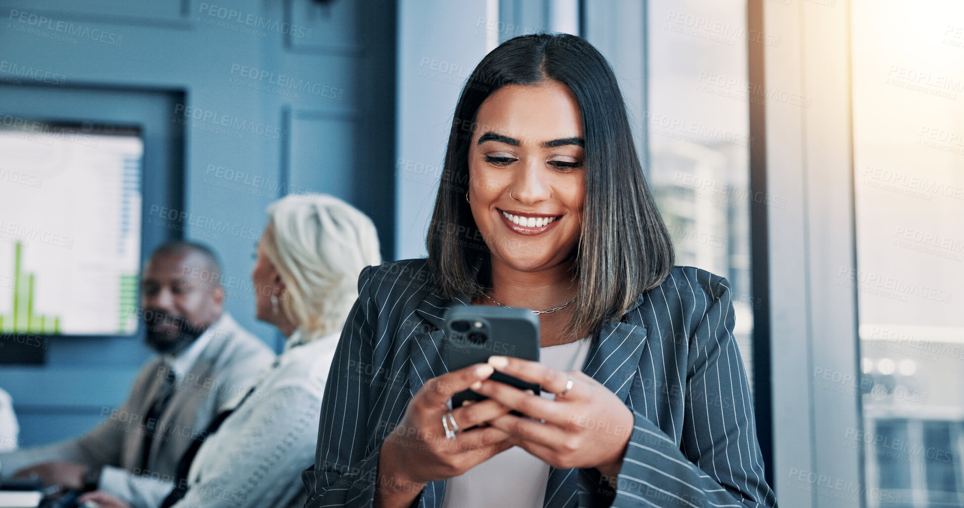 Buy stock photo Meeting, phone and woman in corporate office for online research, website and digital notes. Professional, business and worker on smartphone typing for planning, feedback and contact on mobile app