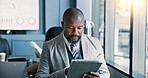 Meeting, online and mature man with tablet, review and checking stock market on web, serious or digital. Office, people and account manager with tech for industry trends, reading and stats of company
