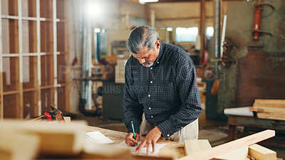 Buy stock photo Pencil, mature carpenter and drawing with wood for construction, furniture or project. Woodworker, person and plank with tools in creative carpentry workshop for manufacturing, art or craft blueprint