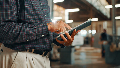 Buy stock photo Hands, man and carpenter with tablet for woodwork, manufacturing and furniture production. Carpentry, person and digital technology in factory for construction, building and check warehouse inventory