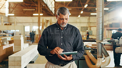 Buy stock photo Carpentry, mature man and tablet in workshop for inventory inspection, online order and quality control. Timber manufacturing, supervisor and digital checklist for furniture production and ecommerce