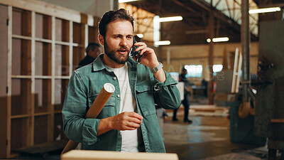 Buy stock photo Business, phone call and man in factory, conversation and approval for building project. Person, employee and contractor in factory, cellphone and internet with supply chain, chatting or online order