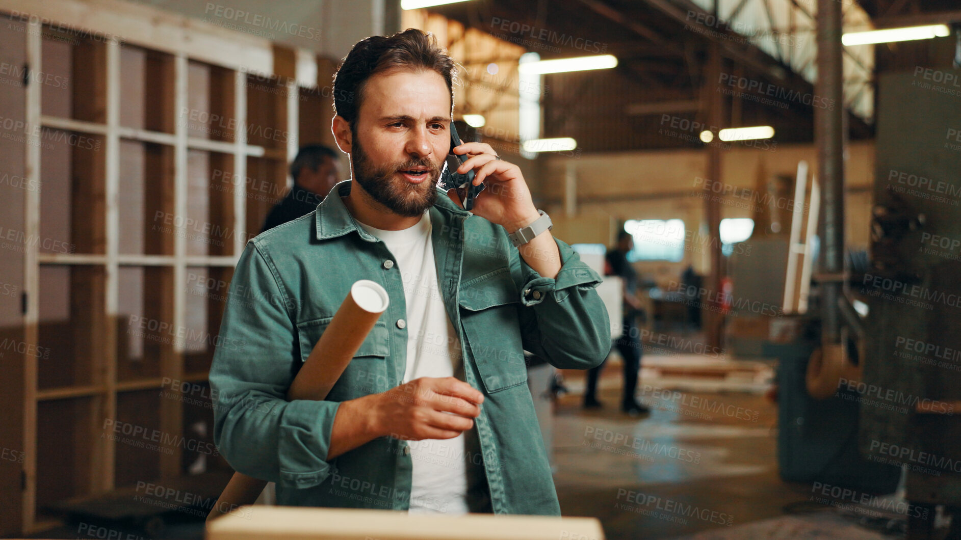 Buy stock photo Business, phone call and man in factory, conversation and approval for building project. Person, employee and contractor in factory, cellphone and internet with supply chain, chatting or online order