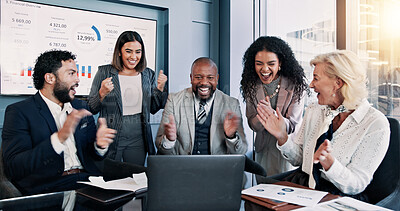 Buy stock photo Business people, laptop and celebration meeting with applause for company performance. Group, clapping hands or excited with graph, chart or project statistics for success report or review at office