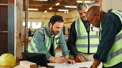 Buy stock photo Teamwork, blueprint or people in carpentry workshop for factory, drawing or manufacturing project. Woodworking, carpenter or men planning furniture design for timber, lumber or construction business