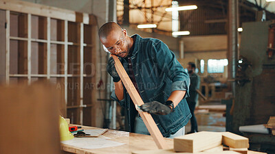 Buy stock photo Carpenter, sanding and wood for construction, furniture or renovation project planning. Woodworker, person and plank with tools in creative carpentry workshop for manufacturing, art and craft