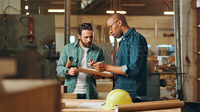 Buy stock photo Carpentry, teamwork and men in workshop with clipboard for furniture, restoration and lumber manufacturing. Construction, factory and carpenters in meeting with wood, timber and board for renovation