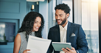 Buy stock photo Businessman, woman and happy with tablet in office, finance or feedback for report in hallway. Business people, talk and smile for results, document or review for stock market at investment agency