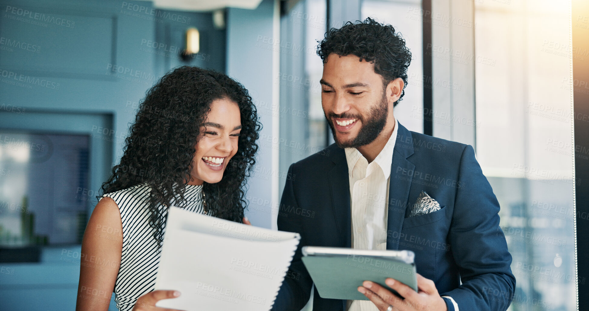 Buy stock photo Businessman, woman and happy with tablet in office, finance or feedback for report in hallway. Business people, talk and smile for results, document or review for stock market at investment agency
