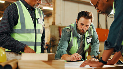Buy stock photo Teamwork, blueprint or people drawing in carpentry workshop for factory, manufacturing or project. Woodworking, carpenter or men planning furniture design for timber, lumber or construction business
