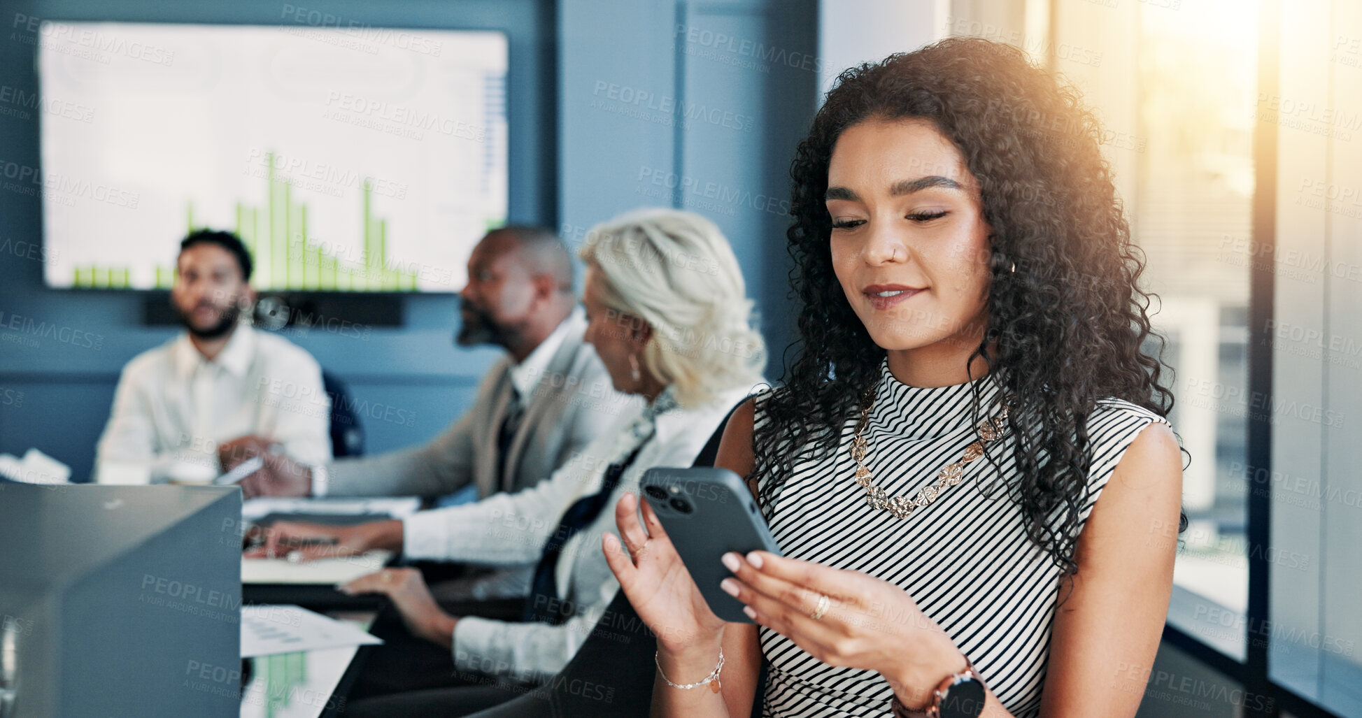 Buy stock photo Meeting, office and woman with phone in boardroom for online research, website and digital notes. Business, corporate and worker on smartphone typing for planning, feedback and contact on mobile app