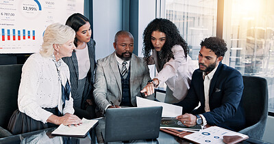 Buy stock photo Business people, laptop and meeting with graphs for company performance, report or review at office. Group, paperwork or analytics with discussion, chart or project statistics for finance workplace