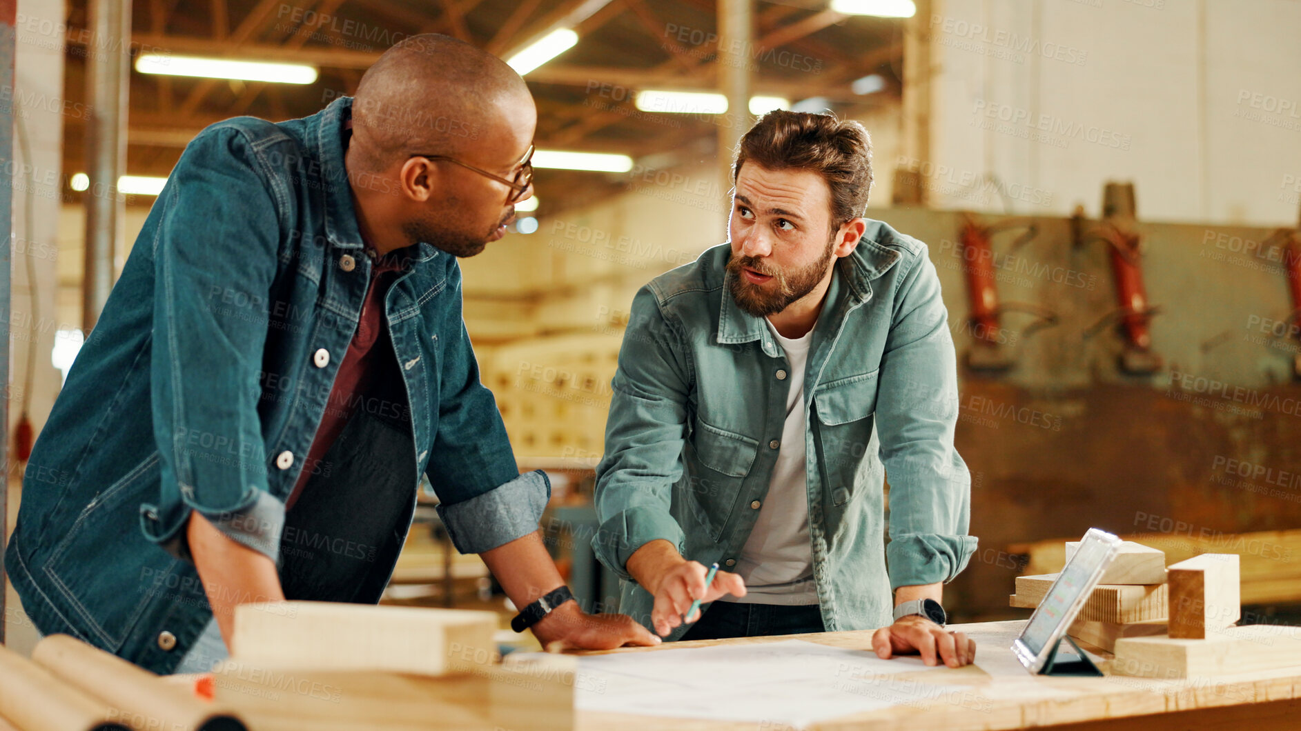 Buy stock photo Carpentry, meeting and men in workshop for woodwork on furniture, restoration and lumber manufacturing. Construction, factory and carpenters planning with planks, timber and board for renovation