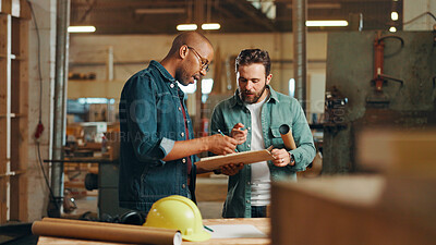 Buy stock photo Clipboard, teamwork or people in woodworking warehouse factory for inventory, plan or furniture production. Carpentry, carpenter or project progress update for timber, lumber or construction business