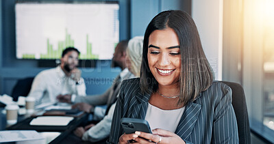 Buy stock photo Meeting, phone and happy woman in office for online research, website and digital notes. Business, corporate staff and worker on smartphone typing for planning, feedback and contact on mobile app