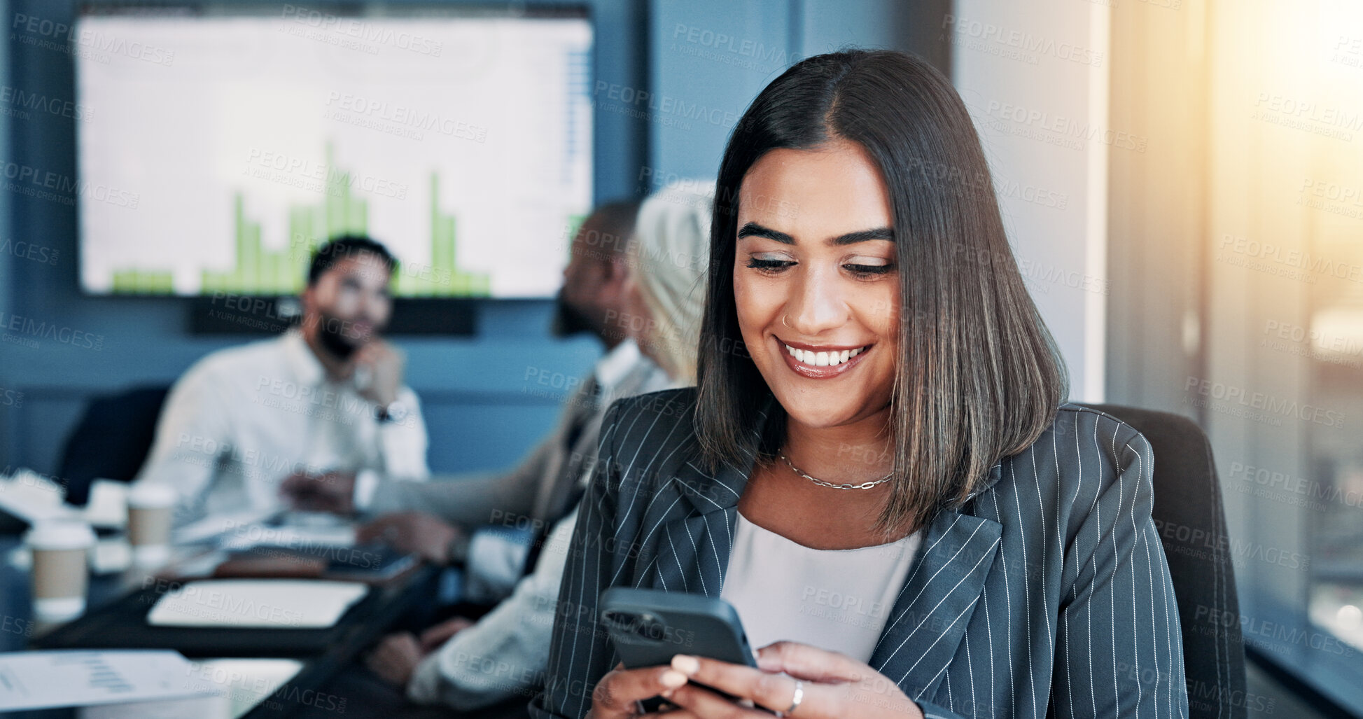 Buy stock photo Meeting, phone and happy woman in office for online research, website and digital notes. Business, corporate staff and worker on smartphone typing for planning, feedback and contact on mobile app