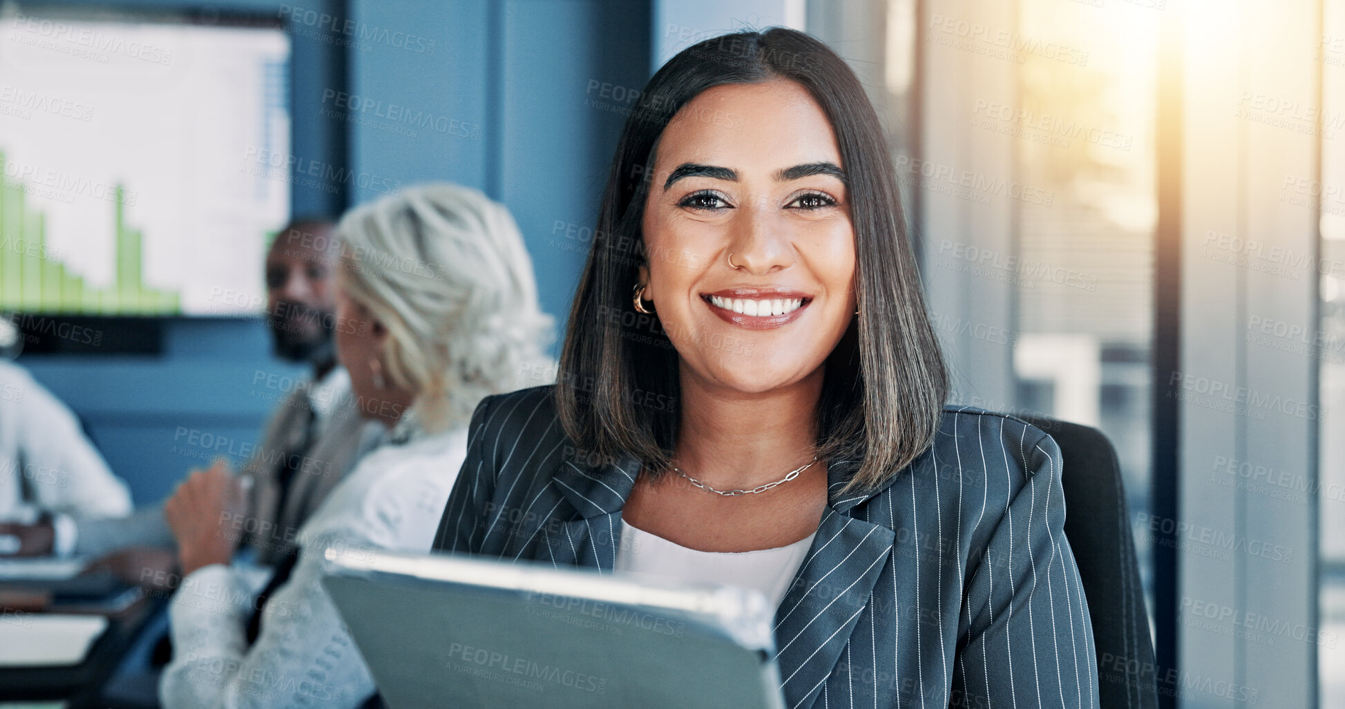 Buy stock photo Portrait, business and woman in meeting on tablet as accountant, budget plan and financial report. Smile, person and digital research, schedule update and investment feedback for negotiation proposal