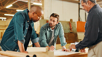 Buy stock photo Carpentry, talking and men in workshop planning for furniture, wood restoration and lumber manufacturing. Construction, factory and carpenters in meeting with planks, timber and board for renovation