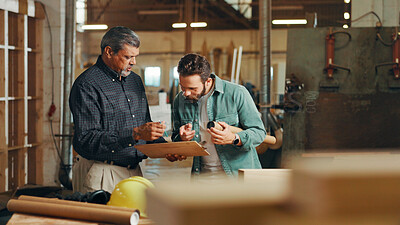 Buy stock photo Clipboard, teamwork or people in woodworking factory for warehouse inventory, plan or furniture production. Carpentry, carpenter or project progress update for timber, lumber or construction business