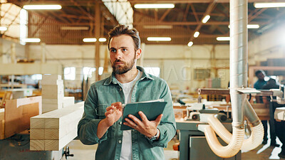 Buy stock photo Carpenter, woodwork and man with tablet in workshop for inventory management, stock inspection and quality control. Timber manufacturing, supervisor and digital checklist for online furniture order