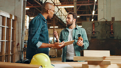 Buy stock photo Discussion, teamwork or people in woodworking factory for warehouse inventory, carpentry or furniture production. Clipboard, carpenter or project update for timber, lumber or construction business