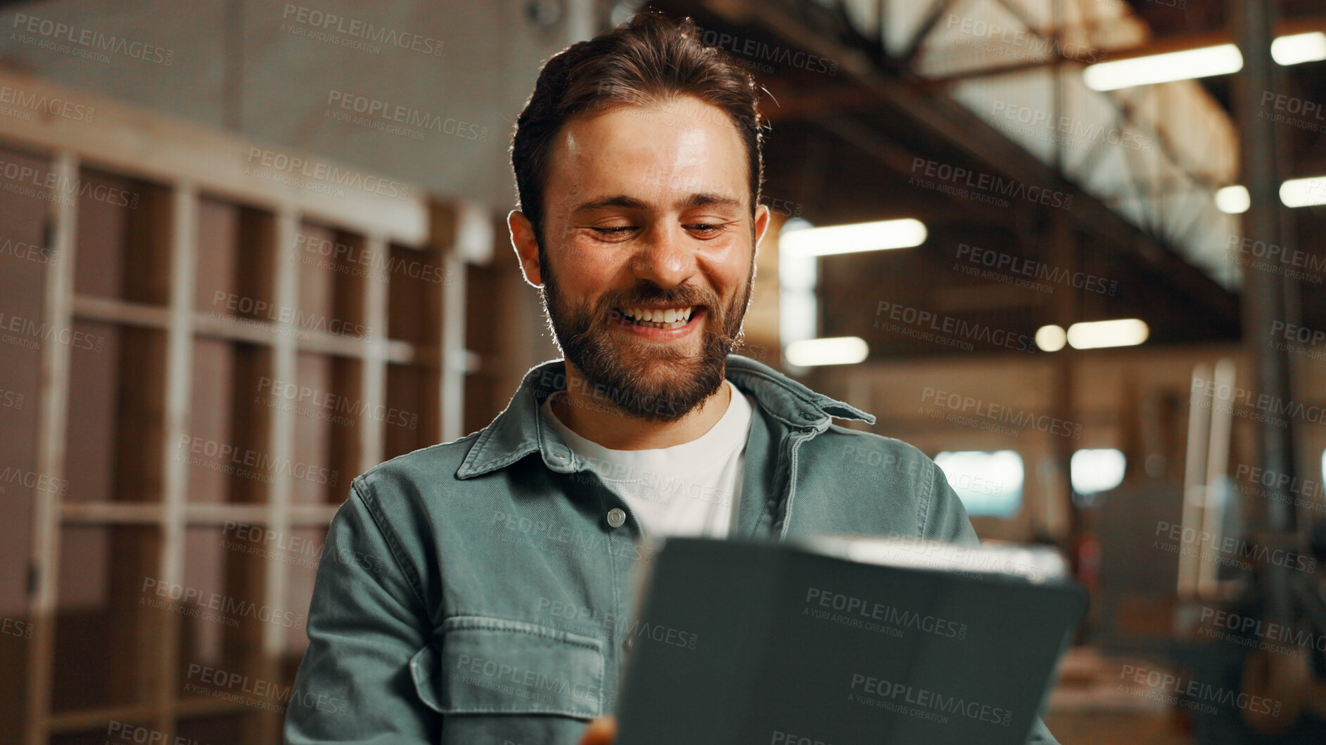 Buy stock photo Smile, man and carpenter with tablet in workshop for manufacturing and furniture production. Carpentry, person and digital technology in factory for construction, building and check woodwork design