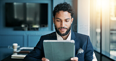 Buy stock photo Serious, online and man with tablet, business and checking stock market on web, review and digital. Office, sales manager and person with tech for industry trends, reading and performance of company