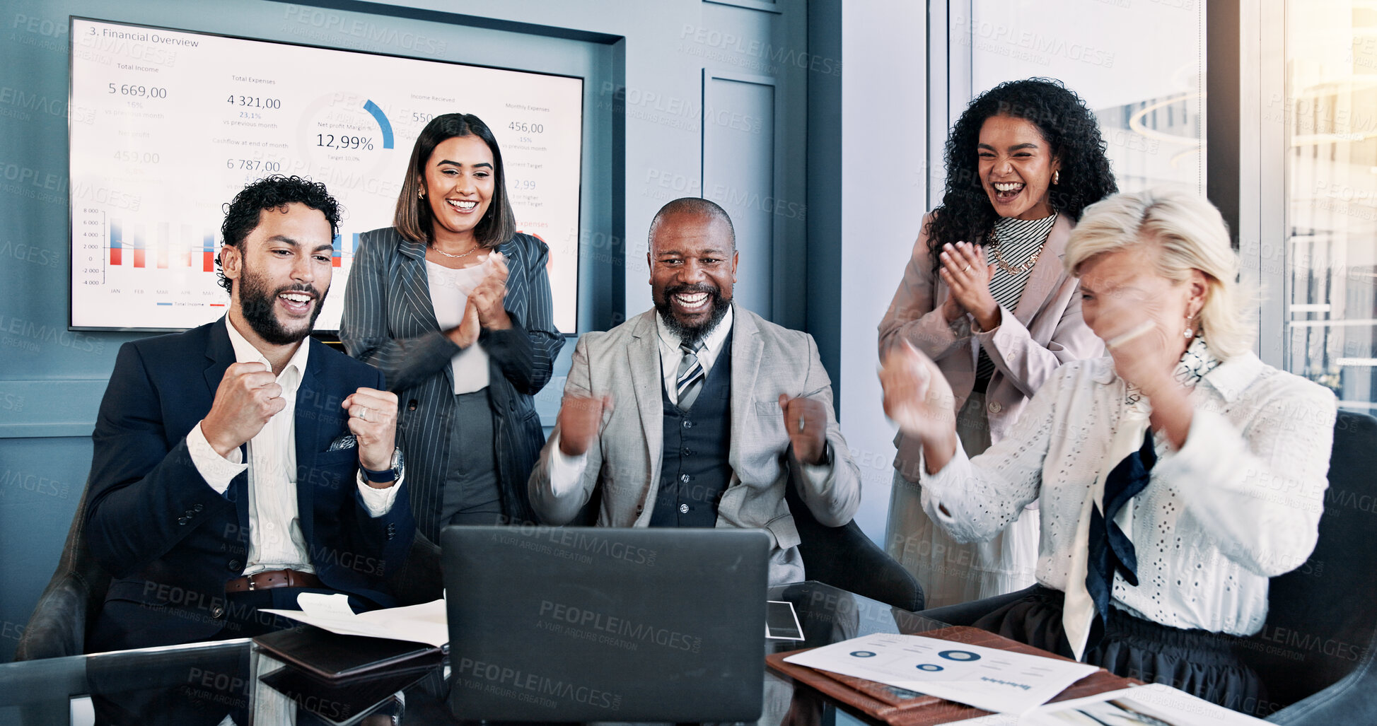 Buy stock photo Business people, laptop and excited meeting with applause for company performance. Group, winning or celebration with graph, chart or project statistics for success report or good news at office