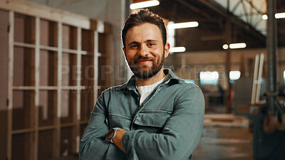 Buy stock photo Portrait, carpenter and man with arms crossed, warehouse and confident for career growth in business. Manufacturing, entrepreneur and person with smile for startup, production and wooden furniture