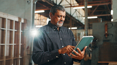 Buy stock photo Business, connection and man in workshop, tablet or carpenter with email for online order. Mature person, employee or tech with checklist for inventory, furniture designer or professional engineering