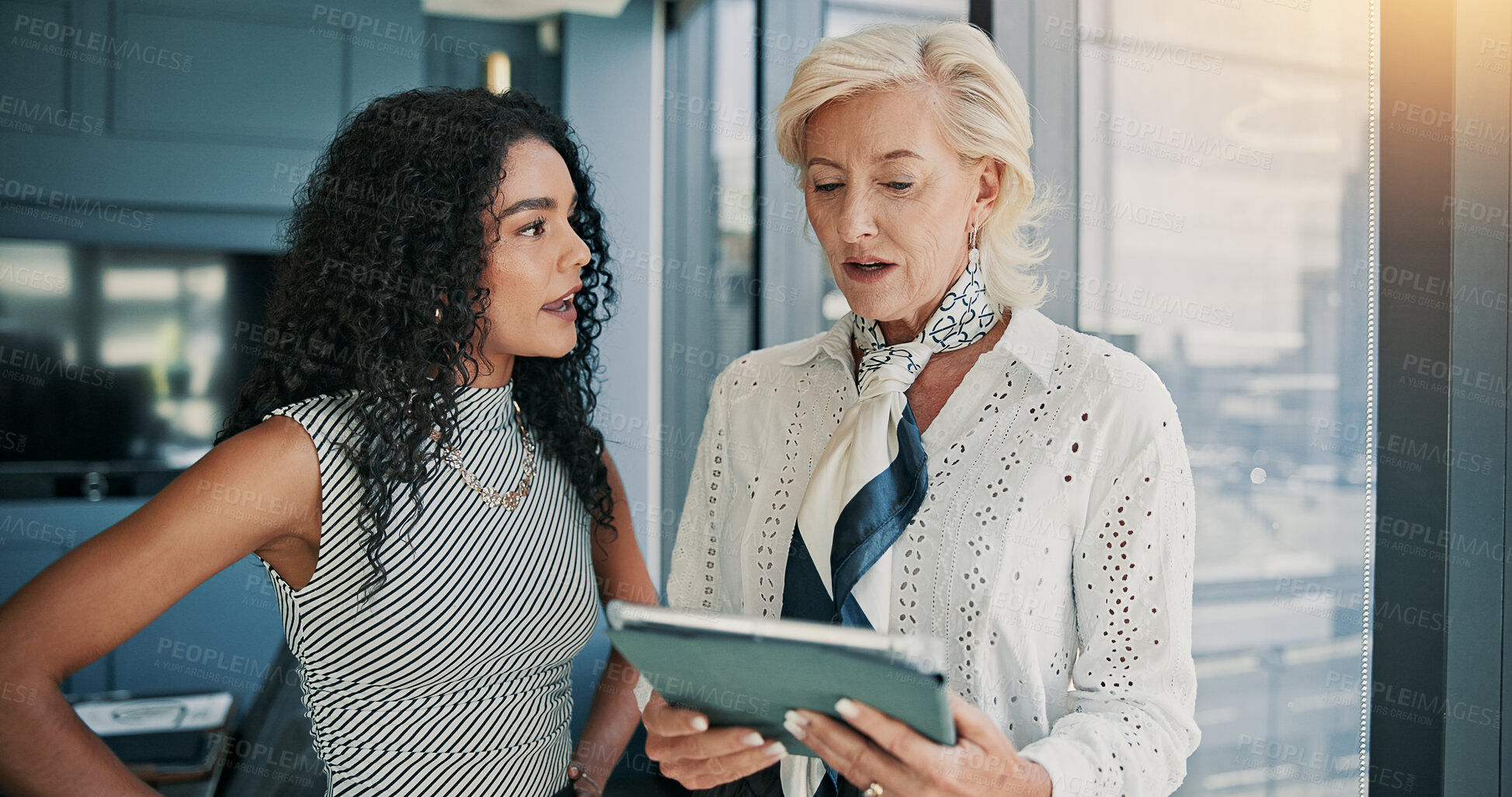 Buy stock photo Business, women and talk on tablet in office for teamwork, budget plan and financial report. People, mature investor and digital with research, schedule update and investment feedback for negotiation