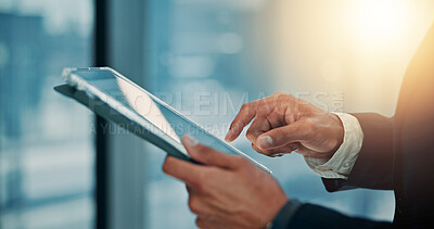 Buy stock photo Office, employee and hands with tablet for research, UX design and software update with connection. Closeup, person and website developer with digital for SEO information, scroll or business by flare