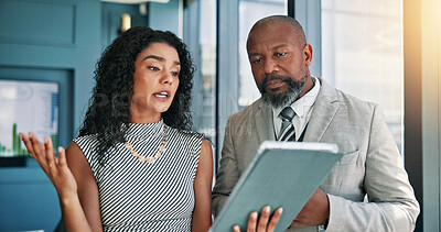 Buy stock photo Business, people and talk on tablet in office of teamwork, budget plan and financial report. Staff, discussion and digital with research, schedule update and investment feedback of negotiation advice