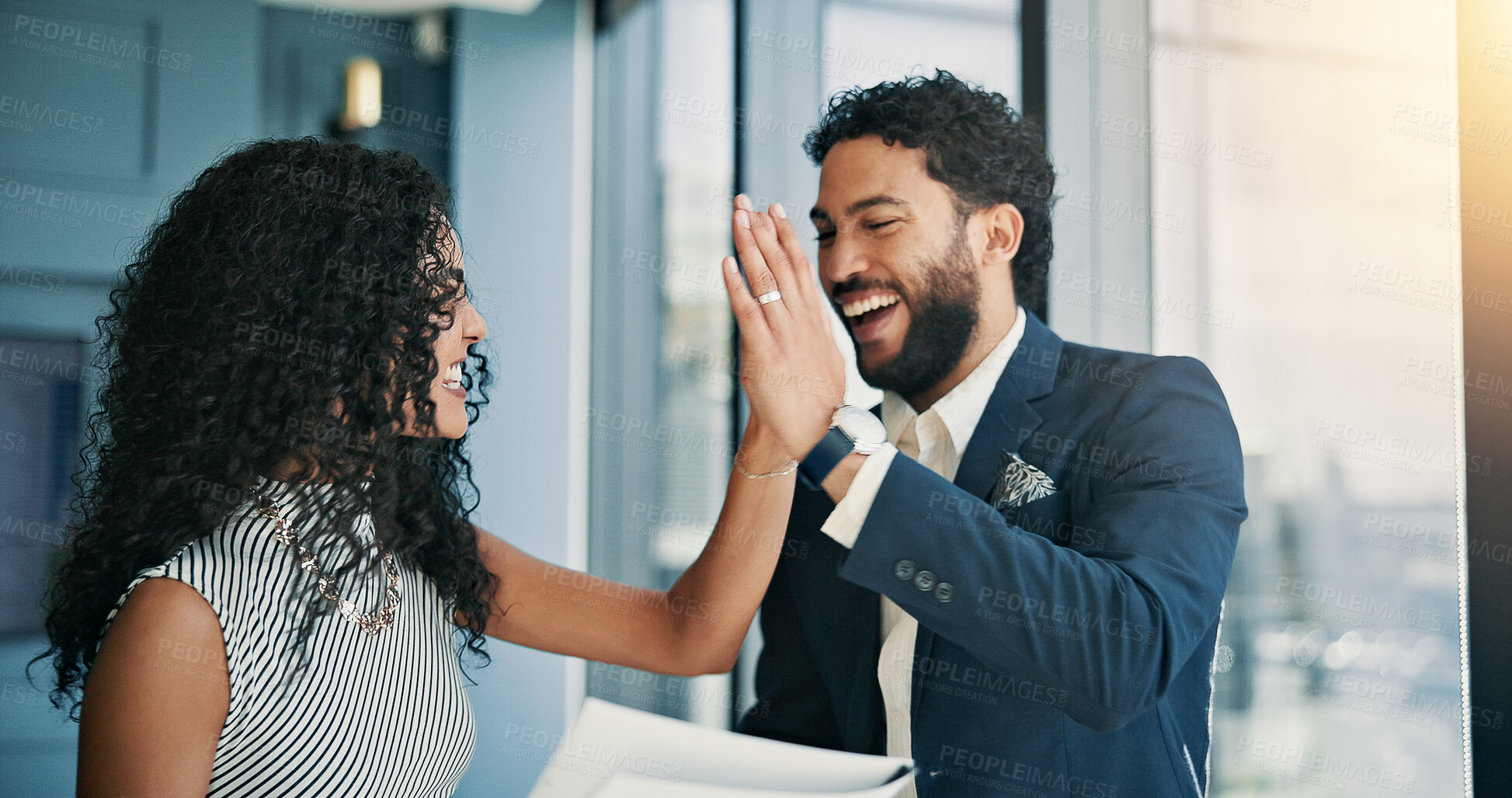 Buy stock photo Women, man and high five with tablet for business, finance or celebration with profit at company. People, team and happy for success with documents, trading or smile for results at investment agency