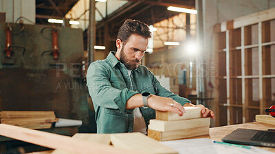 Buy stock photo Measuring, stack and woodwork with carpenter man in workshop for manufacturing or production process. Carpentry, construction and development with professional contractor at work for renovation