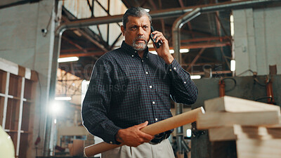 Buy stock photo Business, phone call and man in workshop, frustrated and pressure with deadline for woodwork project. Mature person, employee and contractor in factory, cellphone and mistake with stress and angry