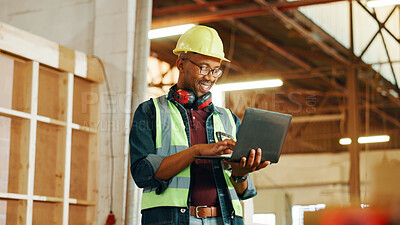 Buy stock photo Carpentry, online and man on laptop in workshop for woodworking, furniture restoration and lumber business. Construction, factory and person on computer for planning, timber renovation and inventory