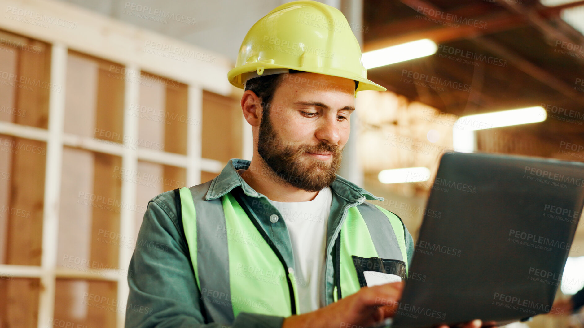 Buy stock photo Carpentry, website and man on laptop in workshop for woodworking, furniture restoration and lumber business. Construction, factory and person on computer for planning, timber renovation and inventory