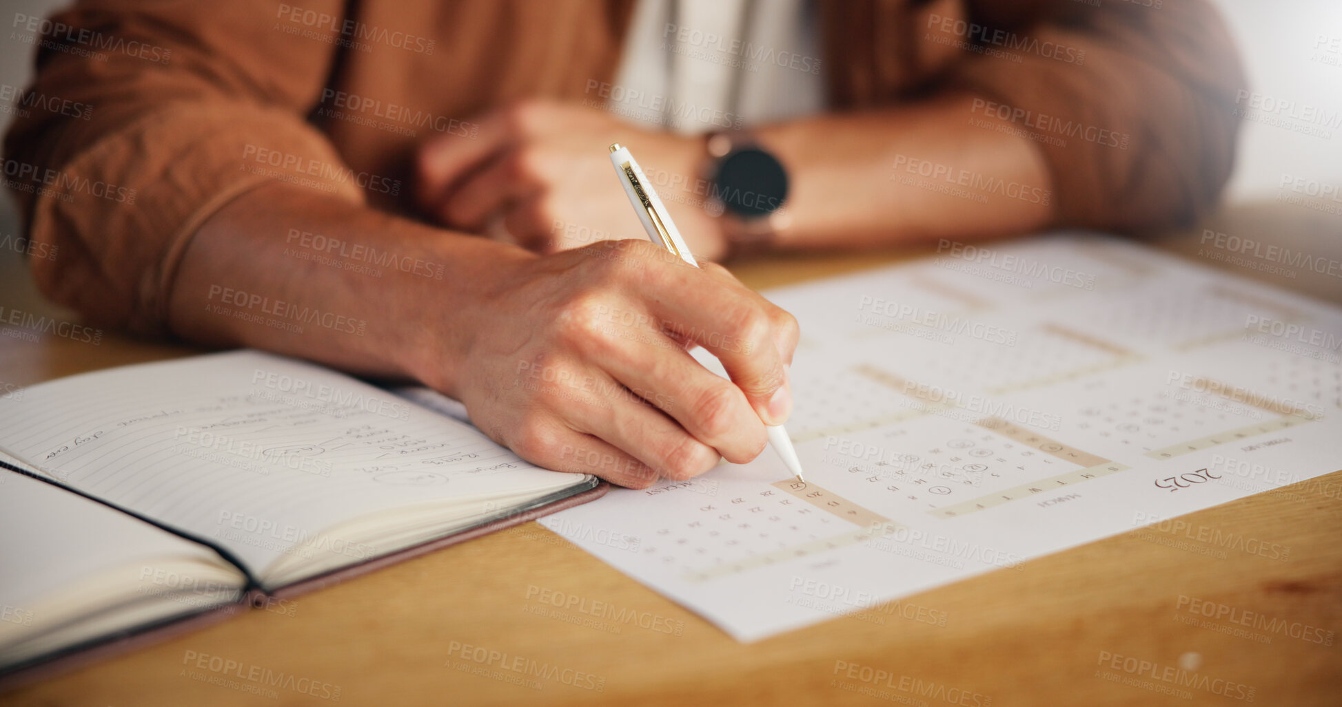 Buy stock photo Person, planning and hands with date on calendar for agenda, deadline update and time management. Closeup, notebook and schedule for tasks reminder, appointment notes or productivity planner at table