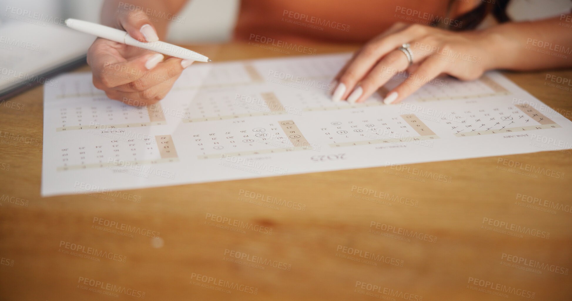 Buy stock photo Woman, planning and hands with writing on calendar for agenda, deadline update and time management. Closeup, female person and schedule for tasks reminder, appointment date and notes planner in home